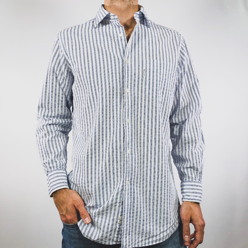 Faconnable White Blue Seersucker Stripe Shirt 15.5